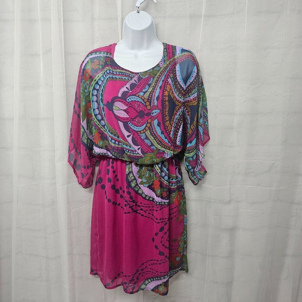 Hello Miss Fushia Purple Floral Blouson Mini Dress Boho Sheer M